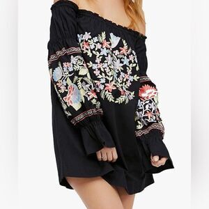 FREE PEOPLE BOHO PHEASANT HIPPIE BLACK COTTON EMBROIDERY MINI DRESS SIZE SMALL